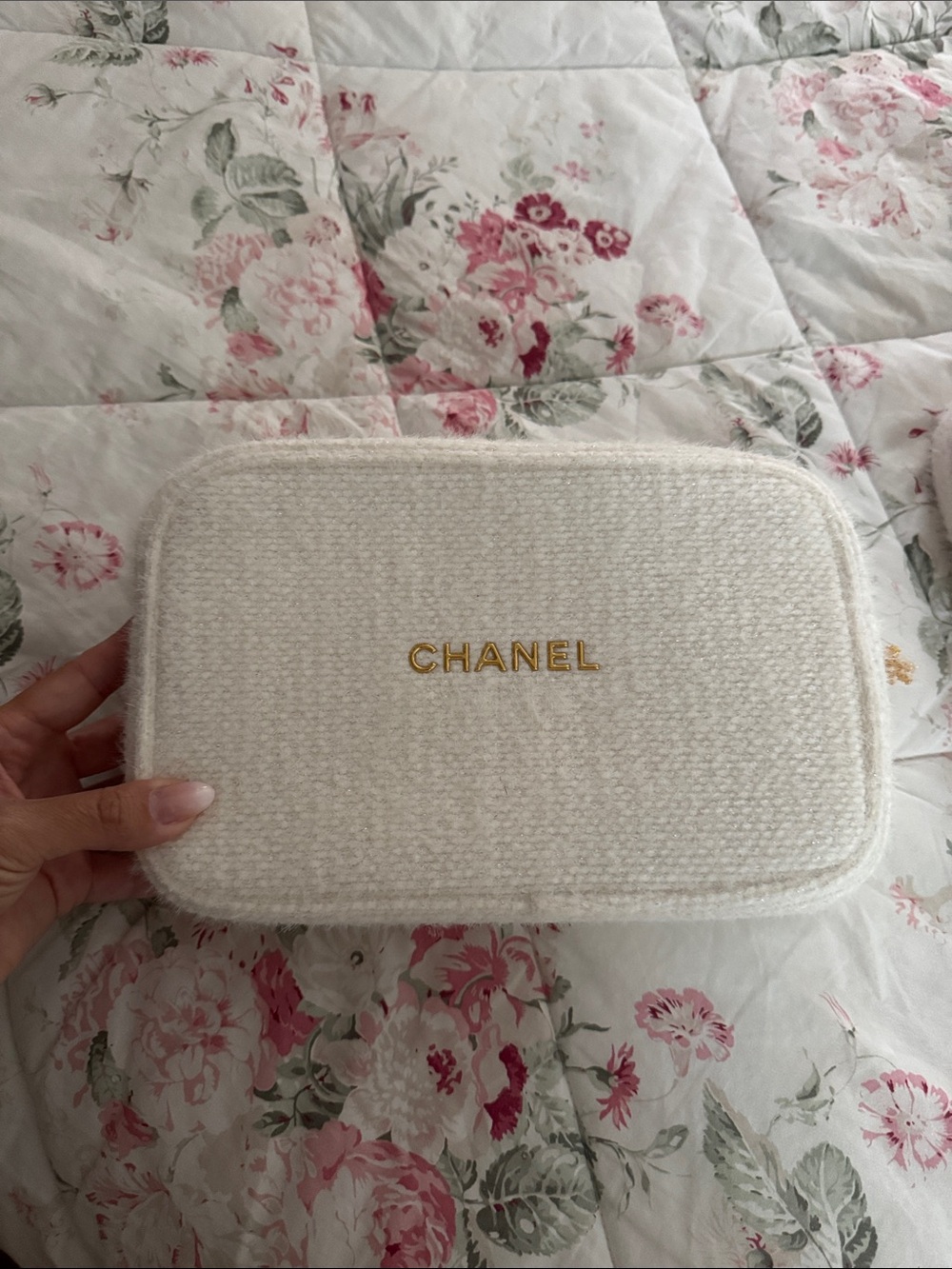 CHANEL Cream Tweed Zip Phone Pouch with Gold Logo